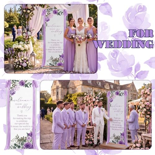 Floral Wedding Welcome Sign Stand with Satin Ribbon(Purple) - Image 5