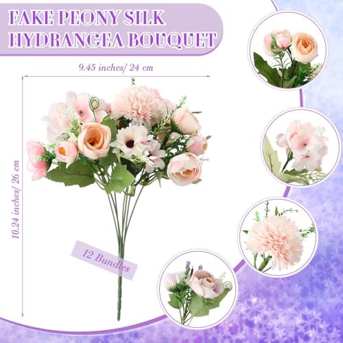 Tigeen 12 Bundles Peonies Artificial Flowers Faux Roses, Purple,Pink - Image 2