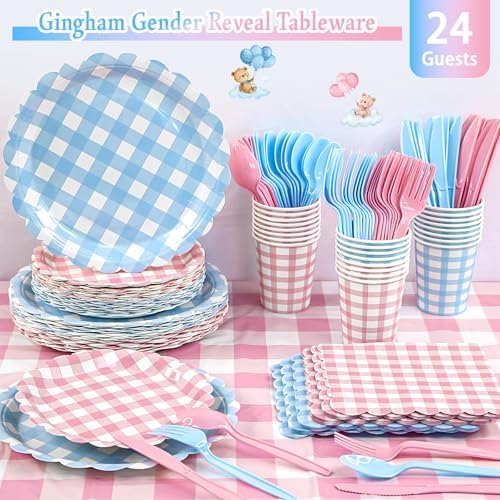 Tenshun 212Pcs Gingham Gender Reveal Party Supplies Set, Pink or Blue - Image 5