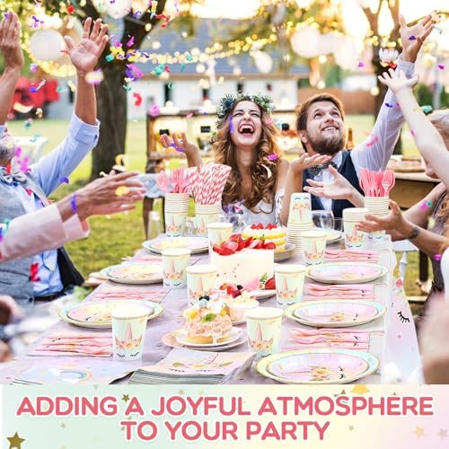 Funnymoom 452 Pcs Unicorn Themed Birthday Party Decorations Include Unicorn Paper Plates Napkins Cups Tablecloth Cutlery Straws Rainbow Pastel Theme Party Supplies for Birthday Decorations - Image 4