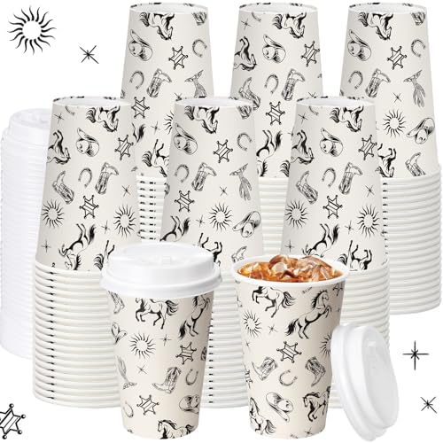 Funnymoom 100 Pieces Western Cowboy Cowgirl Disposable Paper Cups with 120 Lids 12oz Coffee Wild West Rodeo Coffee Cups for Baby Shower Rodeo Bachelorette and Birthday Party Supplies by Funnymoom