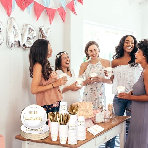 400 Pcs Baby Gender Reveal Plates and Cups and Napkins Sets with Forks Spoon Party Supplies Baby Shower Paper Tableware Gender Reveal Decorations Disposable Cutlery, Serves 50(Gold,Hello Sweet) - Image 5