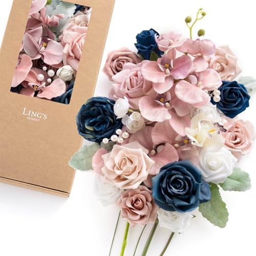 Ling's moment Artificial Pink Flowers Combo, Dusty Rose & Navy, Deluxe by LingsMoment