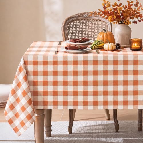 Fall Gingham Tablecloth Rectangle Cotton Linen Style, Thanksgiving Checkered Table Cloth, Autumn Washable Wrinkle Free Plaid Table Cover for Dinner, Holiday, Party Orange 60x120 by FiokleCozyHome