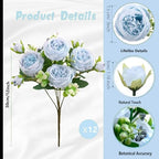 Peonies Artificial Flowers Bouquet, Lifelike Silk Fake Peonies with Stems for Home Table Centerpieces, Wedding, Party & DIY Bridal Floral Arrangements (12, Blue) - Image 6