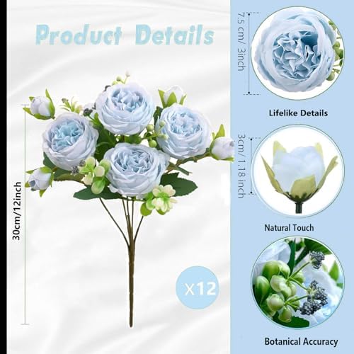 Peonies Artificial Flowers Bouquet, Lifelike Silk Fake Peonies with Stems for Home Table Centerpieces, Wedding, Party & DIY Bridal Floral Arrangements (12, Blue) - Image 6