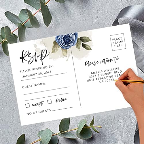Andaz Press 56-Pack Personalized RSVP Postcards for Wedding Navy Blue Roses Cardstock Response Reply Cards for Bridal Shower Baby Shower Birthday Event Custom Date and Return Address 4 x 6-Inch - Image 2