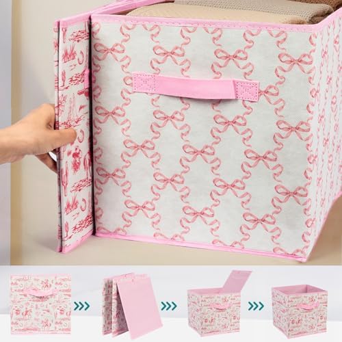 6 Pcs Pink Western Cube Storage Bins 12.5 Inch Cowgirl Storage Basket with Handle, Preppy Girls Organizer Basket, Collapsible Fabric Box for Classroom Bedrooms Office Home Decoration (Pink western) - Image 3