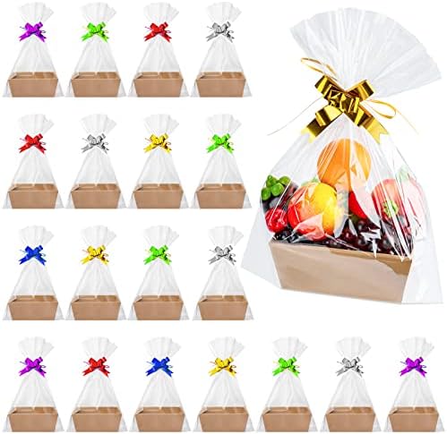 Fainne 74 Pcs Baskets for Gifts Empty Bulk DIY Empty Gift Basket Include 20 Kraft Cardboard Tray with Handles 30 Bags 24 Bows for Christmas Thanksgiving Birthdays Snacks Party, 8" x 6" x 3"(Brown) by Fainne