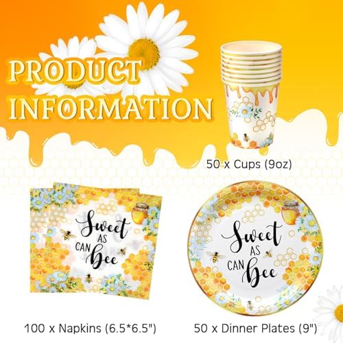 Ziliny 200 Pcs Sweet as Can Bee Baby Shower Paper Plates Napkins Cups Honey Bee Party Decoration Honeybee Party Supplies Disposable Tableware Set for 50 Guest Boy Girl Birthday - Image 2