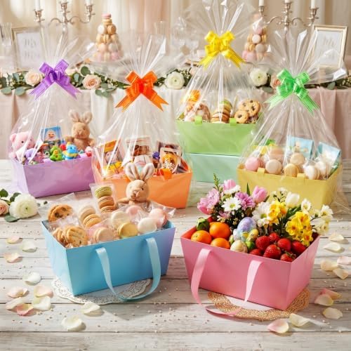 Funnymoom 24 Pcs Pastel Basket for Gifts Empty Colorful Gift Basket Empty to Fill with Handle, Transparent Bag and Bow for Summer Wedding Birthday Tea Party Favor Supply, 9.8x6.5'' - Image 2