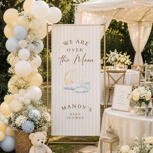 Over The Moon Celestial Neutral Baby Shower Satin Welcome Banner by Custom