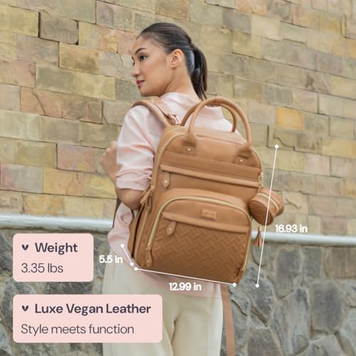BabbleRoo Leather Diaper Bag Backpack - Baby Essentials Travel Baby Bag, Multi function, Water Resistant, with Changing Pad, Stroller Straps & Pacifier Case – Unisex, Light Brown - Image 3