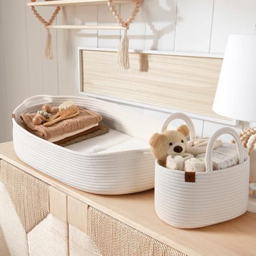Baby Changing Basket Includes Diaper Caddy - Soft & Waterproof Dual-Cover, Portable, Changing Pad for Dresser & Changing Table, Gift for Baby Shower, Organic Cotton Rope - Image 2