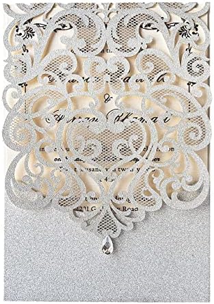 Hosmsua 5.1 x 7.3 Inch 50PCS Silver Glitter Wedding Invitation Cards with Rhinestone Laser Cut Hollow Flora Quinceanera Invitation with Envelopes for Bridal Shower Wedding Invite (Silver Glitter) by Hosmsua