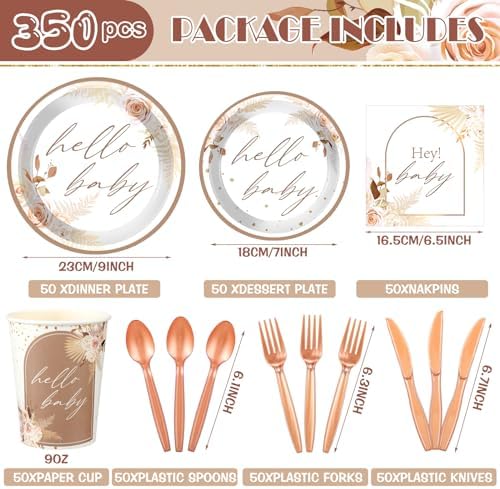Dandat 350 Pcs Baby Shower Set, Boho Pampas Grass, Brown - Image 4