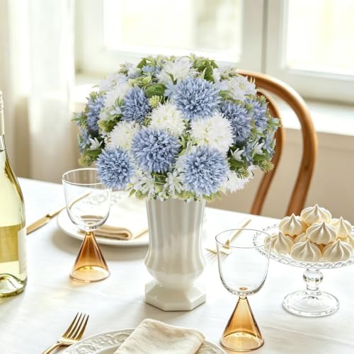 Dusty Blue White Artificial Flowers 6 Bundles Silk Floral with Stems - Image 3