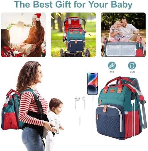 Diaper Bag Backpack with Changing Station, Blue-Green - Image 6