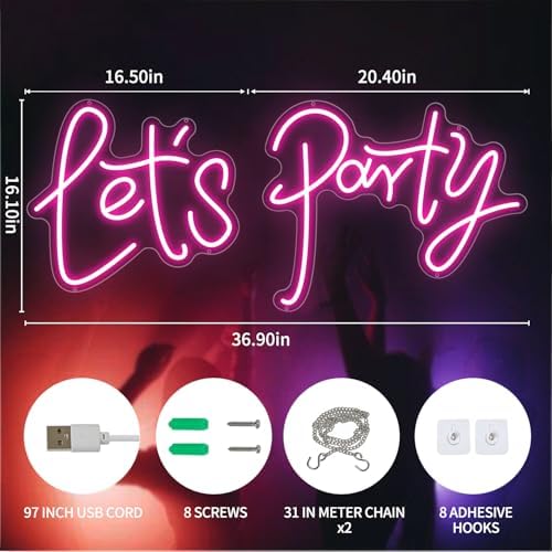 Large Let's Party LED Neon Sign Pink for Wall Decor 36.9x16.1 Inch - Image 2