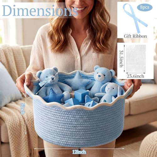 8 Pack Scalloped Small Woven Basket with Gift Bags and Ribbons 12"x 8"x 5" Cotton Rope Storage Organizer with Handles Cute Empty Gift Basket for Nursery Birthday Baby Shower, Blue - Image 6