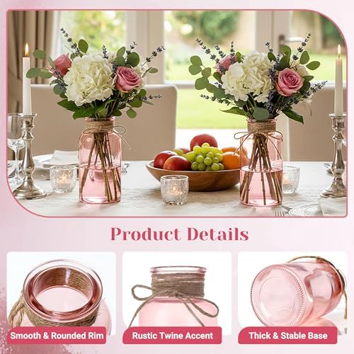 Mason Jar Glass Vases 6 Pack, Pink Flower Vase for Centerpieces - Image 2