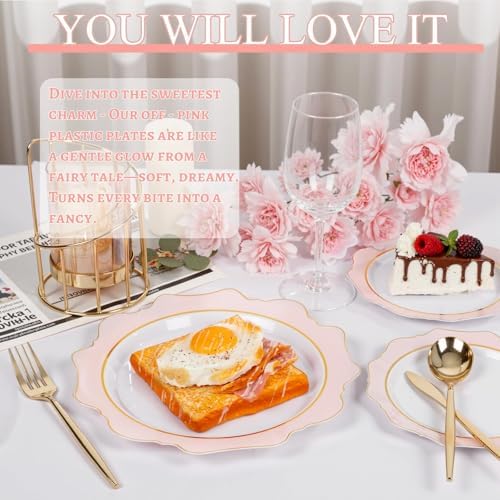 WDF 100PCS Pink Plastic Plates - Heavy Duty Pink and Gold Disposable Plates - Include 50 Dinner Plate and 50 Cake Plastic Plate for Baby Shower/Wedding/Bridal Shower/Tea Party - Image 4