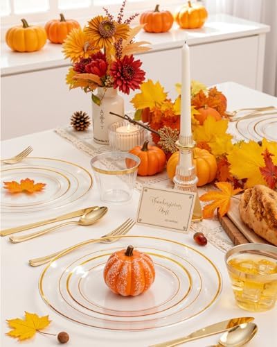 bUCLA 300Pcs Clear Gold Plastic Disposable Dinnerware Set - Clear Plates with Gold Trim Include 50 Dinner / 50 Dessert Plates,50 Cups,150 Plastic Silverware Set for Party - Image 5