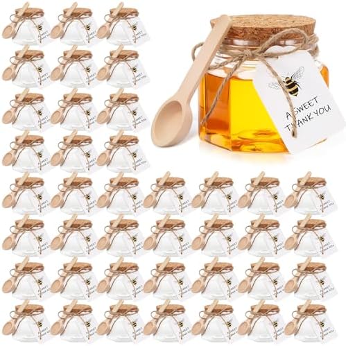 Baderke 30 Pack 3.4 oz Mini Hexagon Honey Jars with Spoon Cork Cap Tag by Baderke