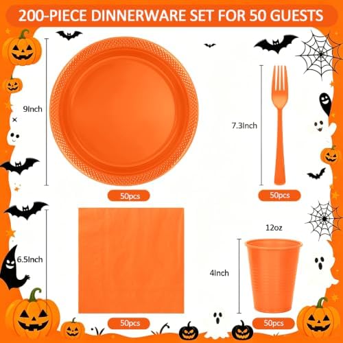 200pcs Disposable Orange Plastic Party Plates for Thanksgiving, Halloween - Image 2