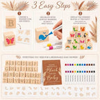 117 Pcs Baby Shower Blocks to Decorate Game Kit, 52 Wooden Baby Blocks for Baby Shower Games, 24 Acrylic Markers, 10 Stencils, Game Sign, DIY Baby Shower Activity & Gender Reveal Decor, Kraft Boho - Image 5