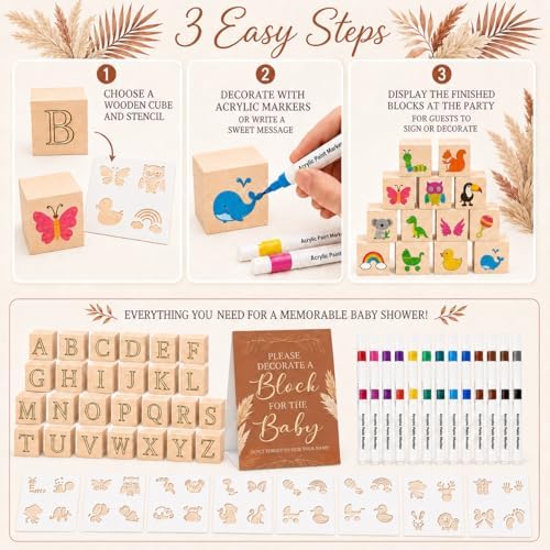 117 Pcs Baby Shower Blocks to Decorate Game Kit, 52 Wooden Baby Blocks for Baby Shower Games, 24 Acrylic Markers, 10 Stencils, Game Sign, DIY Baby Shower Activity & Gender Reveal Decor, Kraft Boho - Image 5