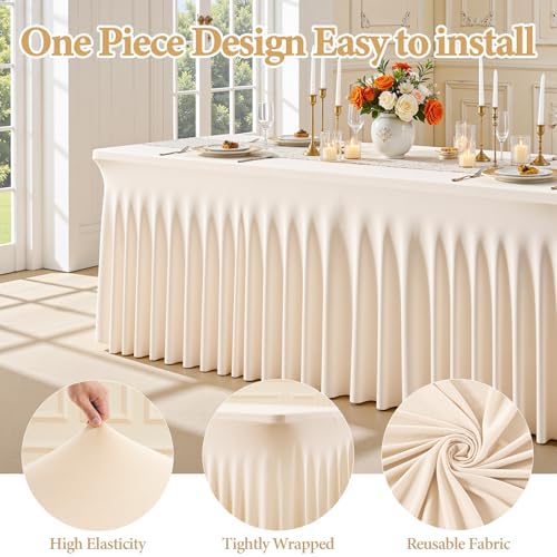 Light Champagne Spandex Table Covers for 6 Foot Rectangle Table, Fitted Stretch Table Skirts Wrinkle-Free Floor Length Polyester Rectangle Tablecloths for Weddings Parties Banquets Events,6 Pack - Image 2
