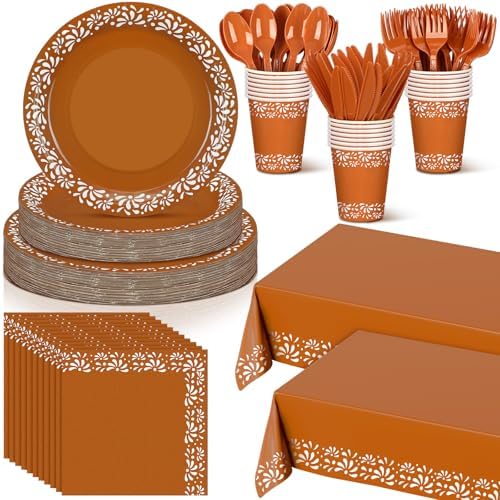 Havawish 177 Pcs Cielito Lindo Party Decoration Platos De Barro Mexicanos Fiesta Tableware Set Mexicanos Talavera Plates Cups Napkins Tablecloths Baby Shower(Terracotta Color,White Flower) by Havawish