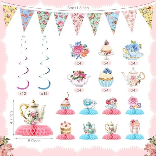 257 Pcs Tea Party Supplies Floral Paper Tea Party Decor, Green - Image 2