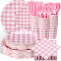 Funnymoom 400 Pcs Gingham Party Supplies for 50 Guests Pink and White Paper Plates and Napkins Knives Spoon Fork Cup Disposable Checkered Dinner Party Set Cutlery for Baby Shower Wedding Favor by Funnymoom