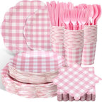 Funnymoom 400 Pcs Gingham Party Supplies for 50 Guests Pink and White Paper Plates and Napkins Knives Spoon Fork Cup Disposable Checkered Dinner Party Set Cutlery for Baby Shower Wedding Favor by Funnymoom