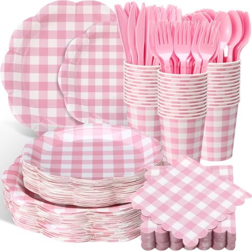 Funnymoom 400 Pcs Gingham Party Supplies for 50 Guests Pink and White Paper Plates and Napkins Knives Spoon Fork Cup Disposable Checkered Dinner Party Set Cutlery for Baby Shower Wedding Favor by Funnymoom