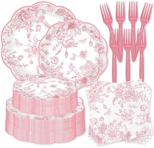 250 Pcs Pink Floral Plates and Napkins, 50 Guests Pink and White Scalloped Disposable Tableware Set Vintage Paper Plates Napkins for Wedding Bridal Shower Tea Garden Party Supplies by LousuipPartySupplies