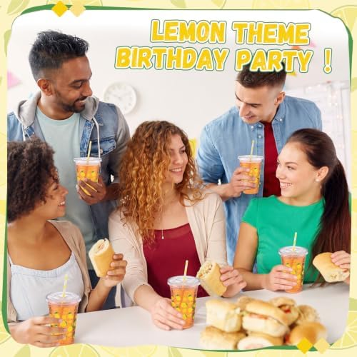 Funnymoom 50 Sets 20 oz Lemonade Plastic Cups with Lids and Paper Straws - Image 5