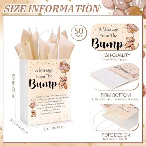 Resurhang 50 Sets Gift Bag for Baby Shower Bear Balloon Goodie Bags with Handles and Tissue Paper Baby Shower Party Favor Handbag for Guests Gender Reveal Return Gift(Brown) - Image 2