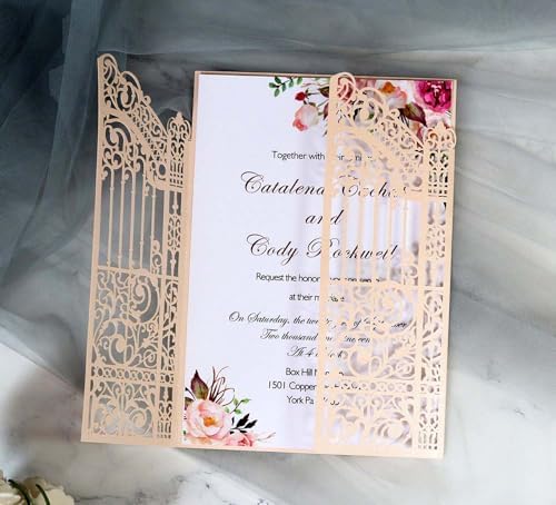 50 Pack laser Cut Marriage Gate Wedding Invitations Kits 5 × 7 Inch Invitaciones Pockets with Envelopes Inner Sheets (Rosy) - Image 3