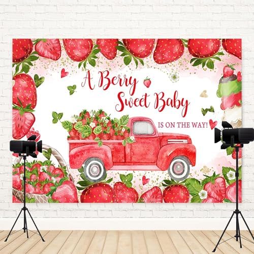 15x10ft Baby Shower Backdrop A Berry Sweet Baby is On The Way Photography Background Pink Strawberry Truck Banner Decorations Ice Cream Bowknot Girls Kids Newborn Party Photo Booth Prop - Image 4