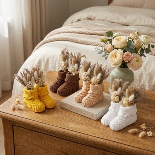 4 Pairs Baby Shower Table Decorations with Dried Pampas Grass Bouquet Gender Reveal Party Decor Bulk Boho Table Centerpieces Crochet Knitted Baby Booties - Image 4