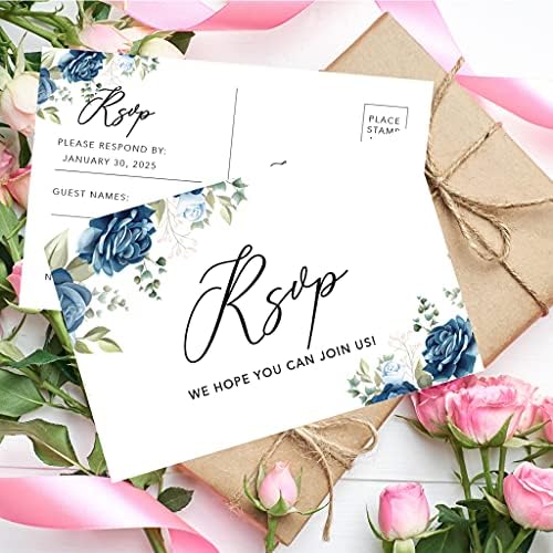 Andaz Press 56-Pack Personalized RSVP Postcards for Wedding Dusty Blue Roses Cardstock Response Reply Cards for Bridal Shower Baby Shower Birthday Event Custom Date and Return Address 4 x 6-Inch - Image 3