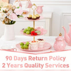 DUJUST Luxury Larger 3-Tier Cupcake Stand Tower, British Style Porcelain Serving Tray with Golden Trim, Food Grade Dessert Display Stand for Tea Party & Home Décor - 45% Pink Larger Plates - Image 6