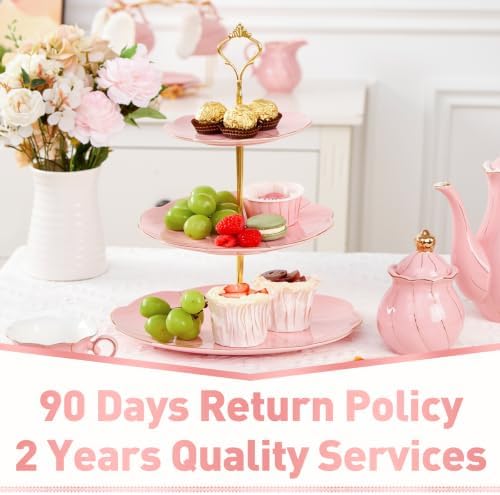 DUJUST Luxury Larger 3-Tier Cupcake Stand Tower, British Style Porcelain Serving Tray with Golden Trim, Food Grade Dessert Display Stand for Tea Party & Home Décor - 45% Pink Larger Plates - Image 6