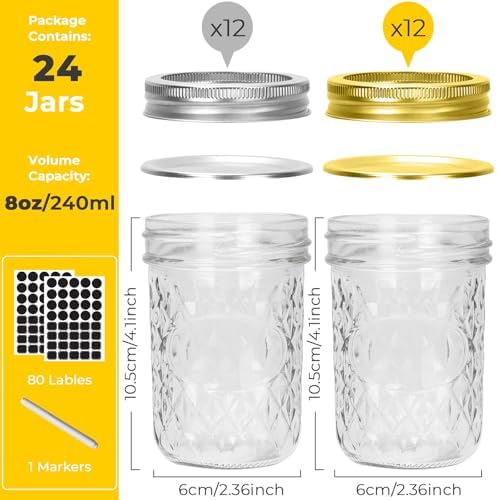 CycleMore Mason Jars 8 oz, 24 Pack Canning Jars with Mixed Color Airtight Lids, Half Pint Canning Jar Ideal for Fermenting, Jam, Honey, Pickling, Wedding/Shower Favors, DIY Decors - Image 2
