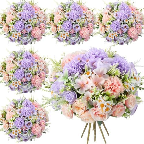 Tigeen 6 Bundles Artificial Flowers Bouquet for Wedding, Pink Purple by Tigeen