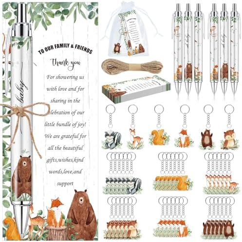 145 Pieces Woodland Baby Shower Favors for Guest Woodland Animals Ballpoint Pens and Keychains Party Favors Bulk Retractable Baby Shower Gifts Pens Gender Reveal Greeting Cards Souvenirs Prizes by EYNDYN