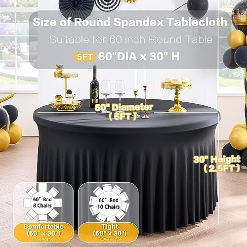 6 Pack Black Round Spandex Tablecloth for 60 inch Table, Wrinkle Free Stretchy 120inch Fitted 5FT Round Table Cloths Cover with Skirt for Wedding Birthday Party Dining Banquet Events - Image 6